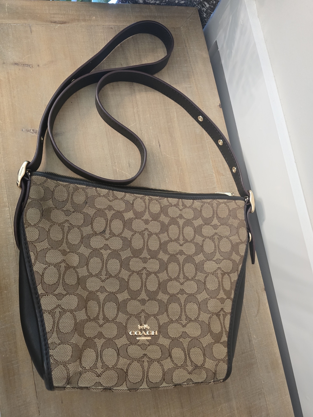 Coach Brown Signature Canvas Crossbody with Dark Brown Leather Trim